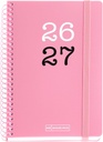 Agenda escolar 2026 2027 semana vista 12 meses, Tamaño A6+ (11,7×17,4 cm), Tapas de polipropileno, Espiral metálico a color, Cierre de goma, Cantos redondeados, Stickers, Español-EN, Rosa Miquelrius