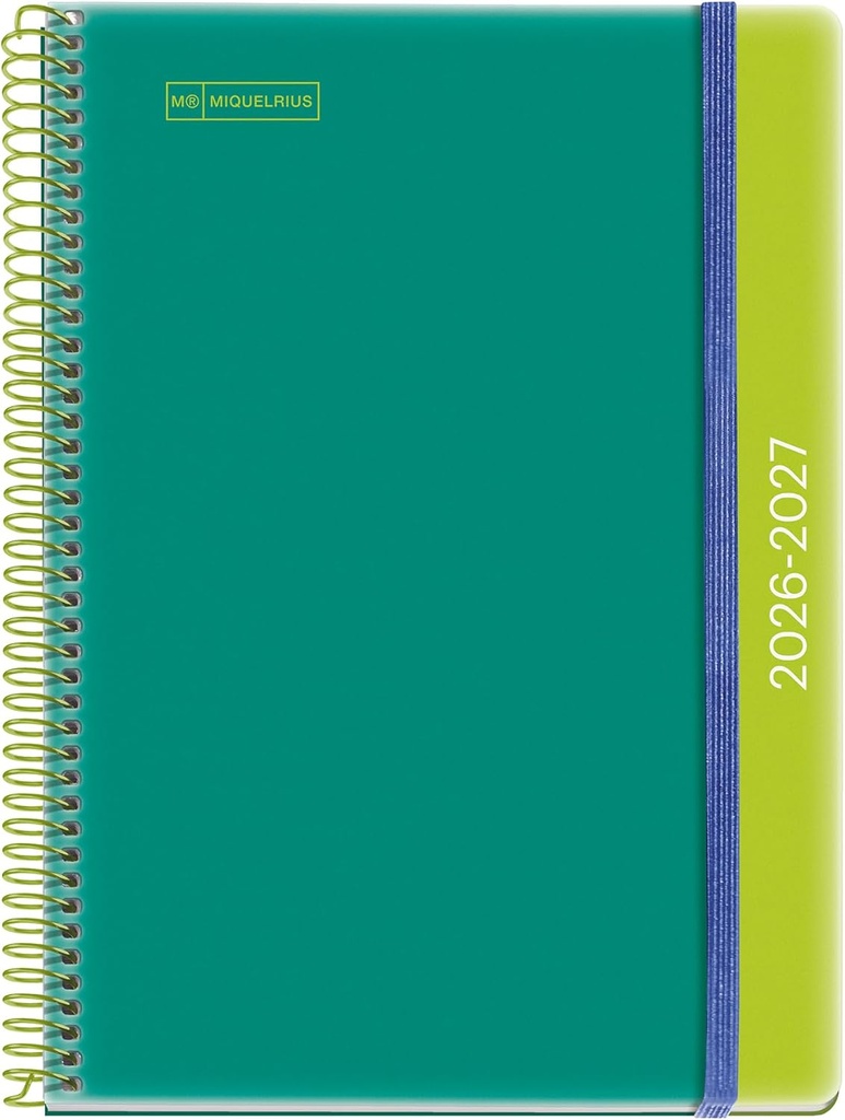 Agenda escolar 2026 2027 semana vista 12 meses, Tamaño A5+ (15×21,3 cm), Polipropileno, Espiral metálico a color, Cierre de goma, Cantos redondeados, Stickers, Español-EN, Green-Lime Miquelrius
