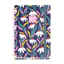 Agenda escolar 2026 2027 semana vista 12 meses, A6+ (12,3×17,8 cm), Cartón forrado, Doble espiral, Cierre de goma, bolsillo interior, stickers y regla marcapáginas, Español-EN, Equinácea Miquelrius