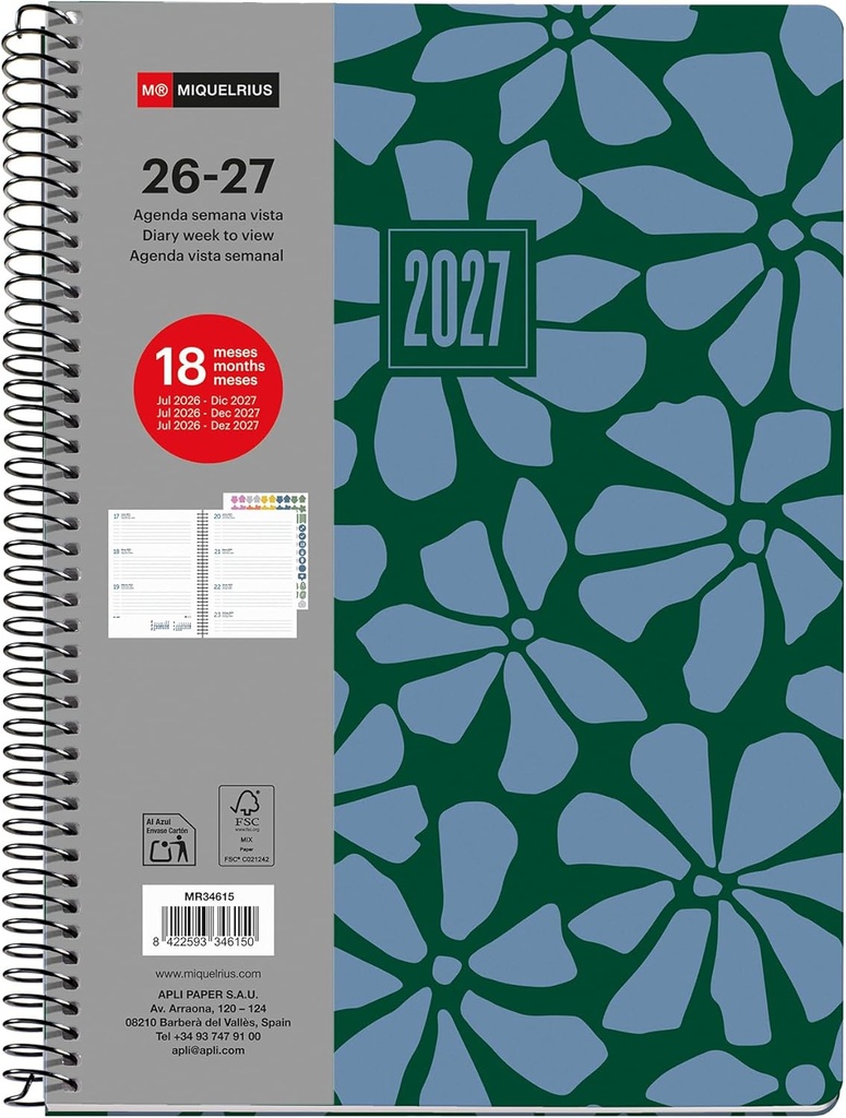 Agenda escolar 18 meses semana vista de julio 2026 a diciembre 2027, Tamaño A5+ (15,5×21,3 cm), Dos páginas stickers, Espiral metálico, Cubierta rígida cartón, Español-EN-PT, Garden  Miquelrius