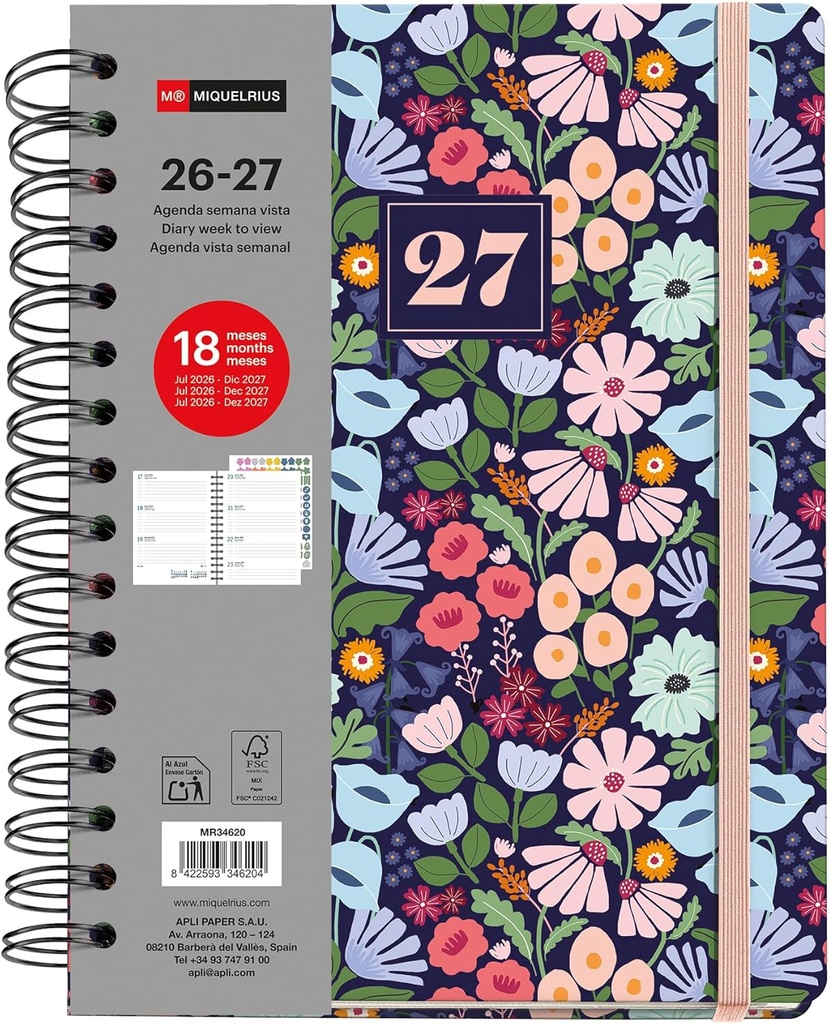 Agenda 18 meses Plus W-O S/V BLACK BLOOM 26_27 Miquelrius