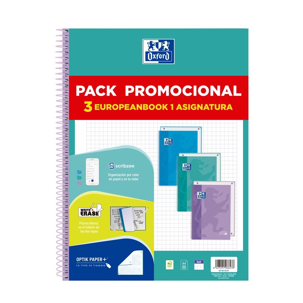 Pack 3uds cuadernos espiral 5X5 A4+ 90g 80h T/E microperforado Europeanbook 1 colores pastel Oxford