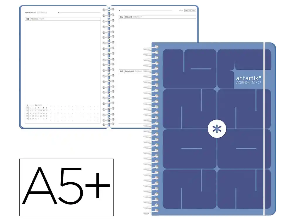 Agenda escolar 26-27 espiral essentials día página A5+ bilingue 80g FSC azul oscuro Antartik