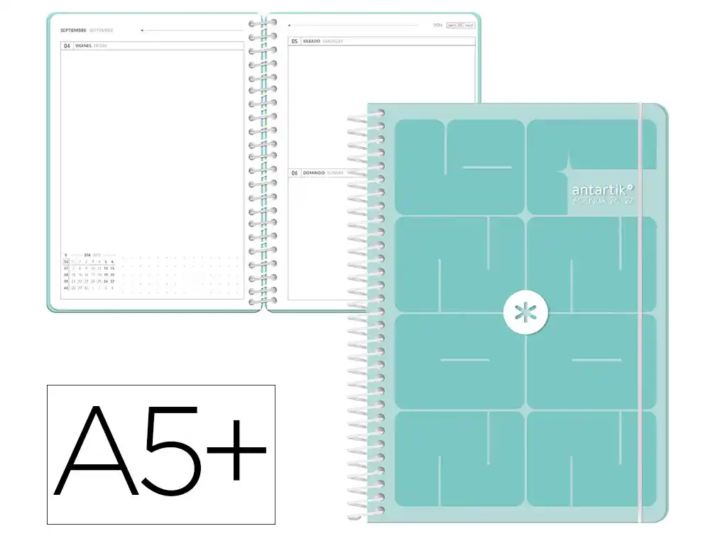  Agenda escolar  26-27 espiral essentials día página A5+ bilingue 80g FSC azul turquesa Antartik