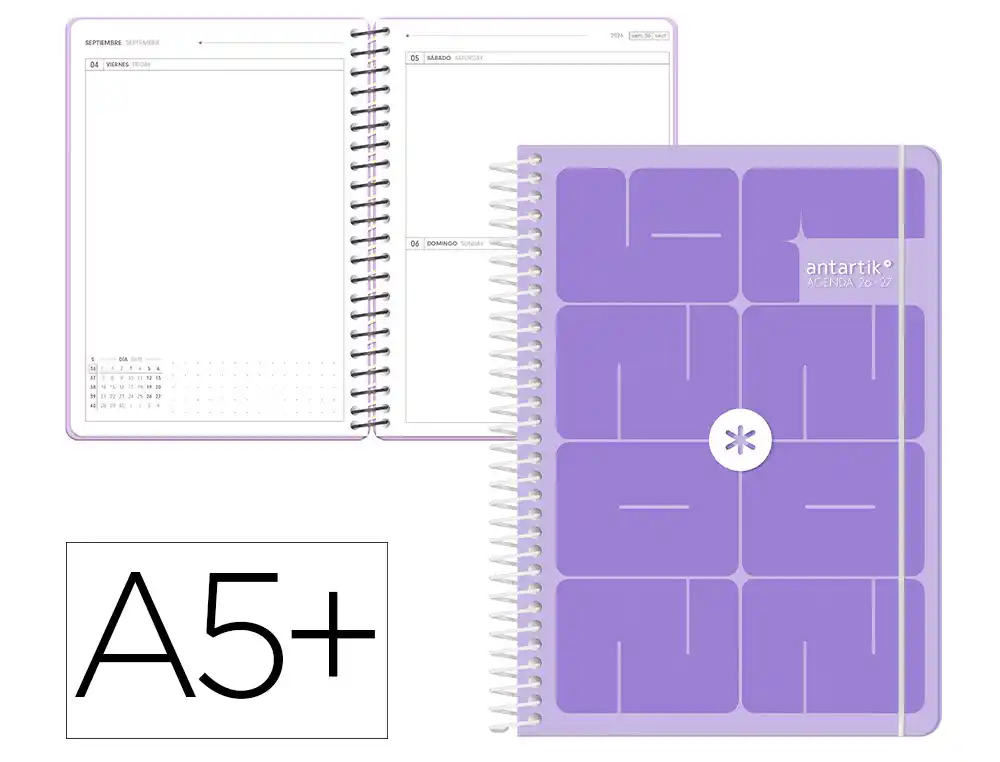 Agenda escolar 26-27 espiral essentials día página A5+ bilingue 80g FSC morado Antartik