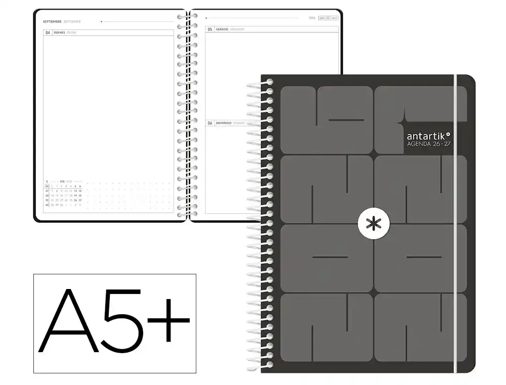 Agenda escolar 26-27 espiral essentials día página A5+ bilingue 80g FSC negro Antartik