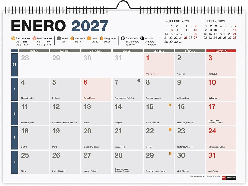 Calendario Pared A4 Completo 2027