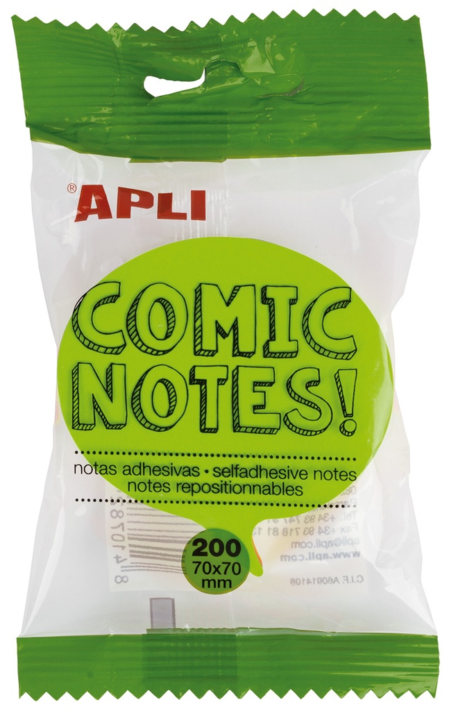 Notas adhesivas comic 70x70mm bloc de 200h 4 colores surtidos fluorescentes