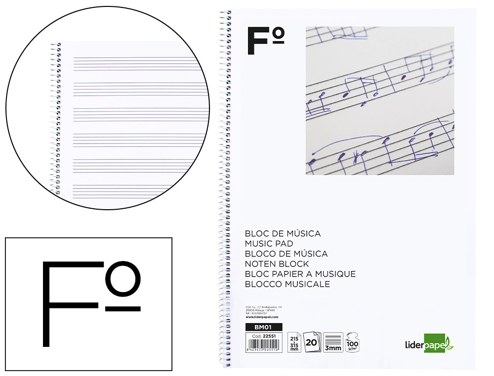Bloc musica pentagrama 3mm Fº 20h 100g Liderpapel