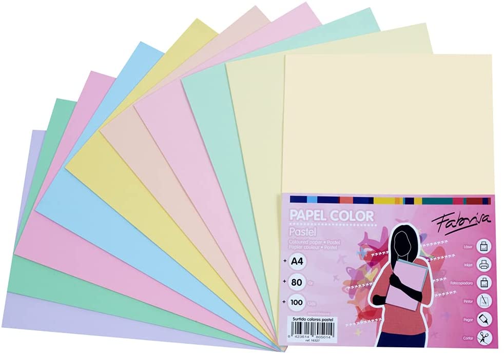Papel A4 80g 100h 10 colores pastel surtidos Fabrisa