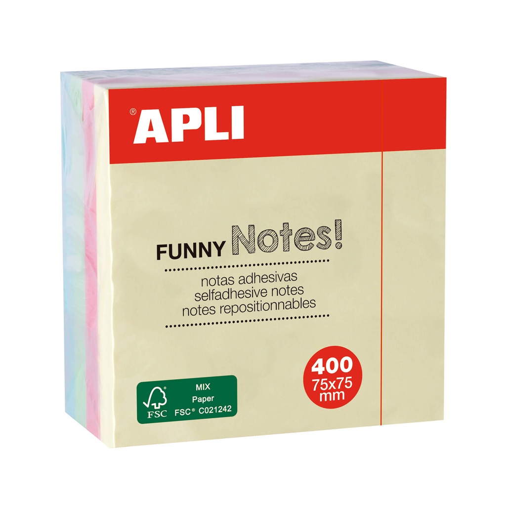 Notas adhesivas FUNNY 75x75mm cubo de 400h 4 colores surtidos pastel