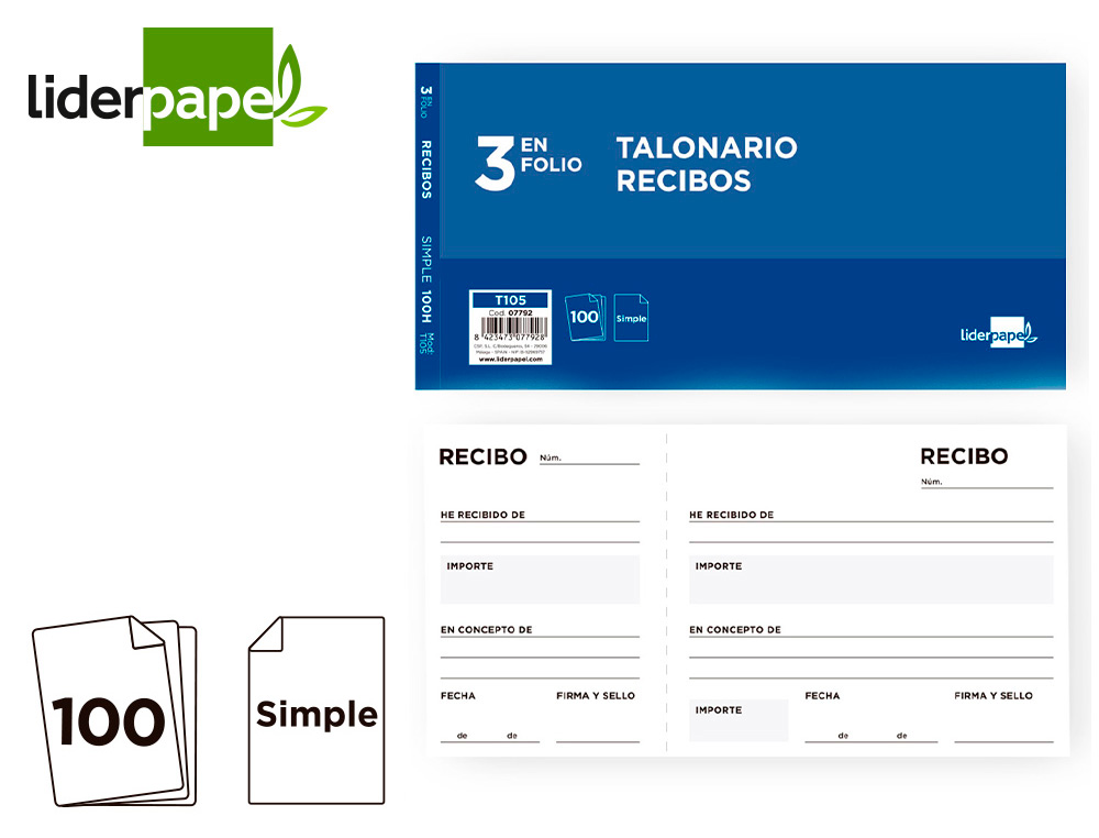 Talonario recibos tres en folio apaisado Liderpapel