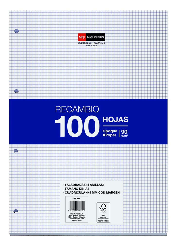 Recambio 4X4 A4 90g 100h con margen 4T Miquelrius