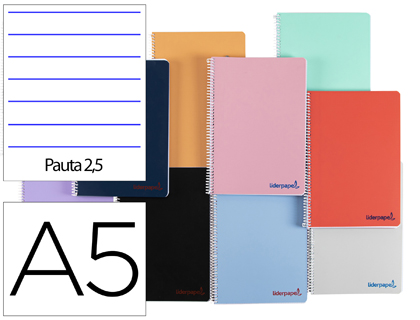 Cuaderno espiral 2L A5 90g 80h T/P C/M colores surtidos Liderpapel