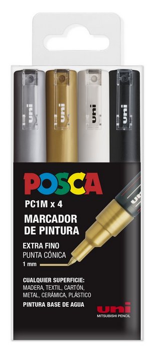 Marcador PC1M 4uds Oro, Plata, Blanco y Negro Posca