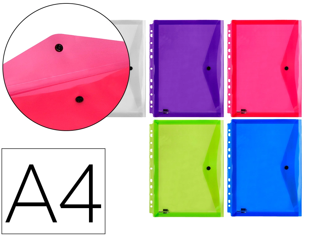 Sobre broche  polipropileno A4 colores surtidos transparente multitaladro 1ud Liderpapel