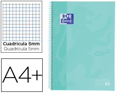 Cuaderno espiral 5X5 A4+ 90g 80h T/E microperforado Europeanbook 1 colores pastel Oxford