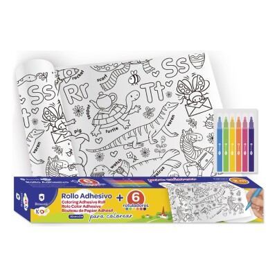 ROLLO ADHESIVO COLOREAR C/6 ROTULADORES 30 CM X 2