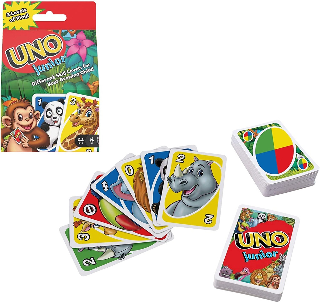 Games Juego de cartas UNO Junior, juego de mesa para niños con dibujos de animales