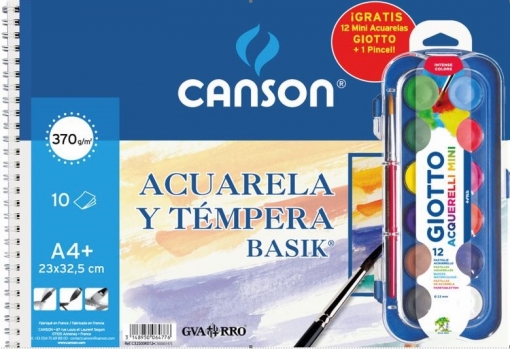 Bloc dibujo acuarela A4+ 370g 10h Canson + Estuche de Acuarelas Giotto y 1 Pincel de Regalo