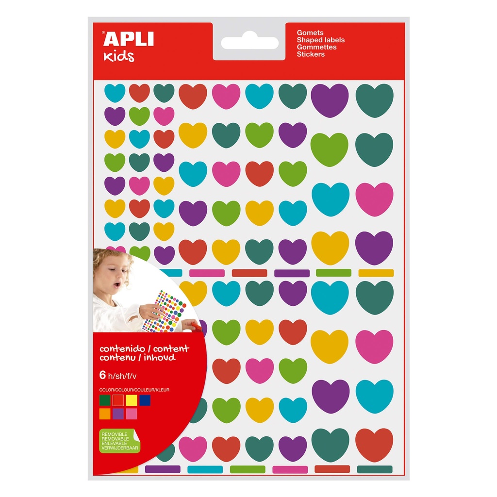 Gomets corazones removibles multicolor 6h Apli
