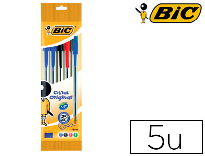 [802054] Boligrafo cristal medio 5uds (2A+1N+1R+1V) Bic