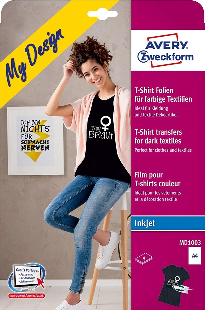 [MD1003] Papel transfer camisetas algodon colores oscuros A4 ink-jet 4h Avery