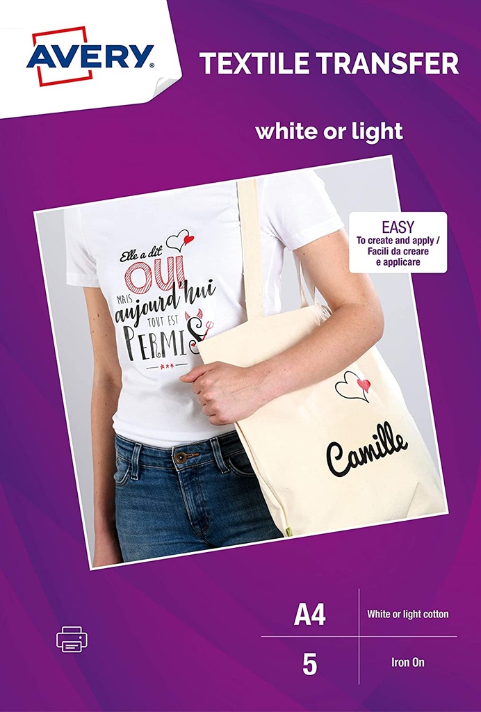 [MD1001] Papel transfer camisetas algodon color blanco A4 ink-jet 8h Avery