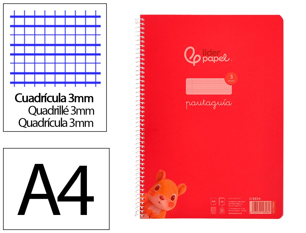 Cuaderno espiral 3X3 pautaguia A4 90g 80h T/P Liderpapel