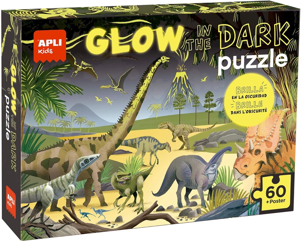 [19435] Puzzle fluorescente Glow in the Dark - modelo Dinosaurios - puzzle con efecto neón, brilla en la oscuridad- 60 piezas tamaño 6x6cm  Apli +4a