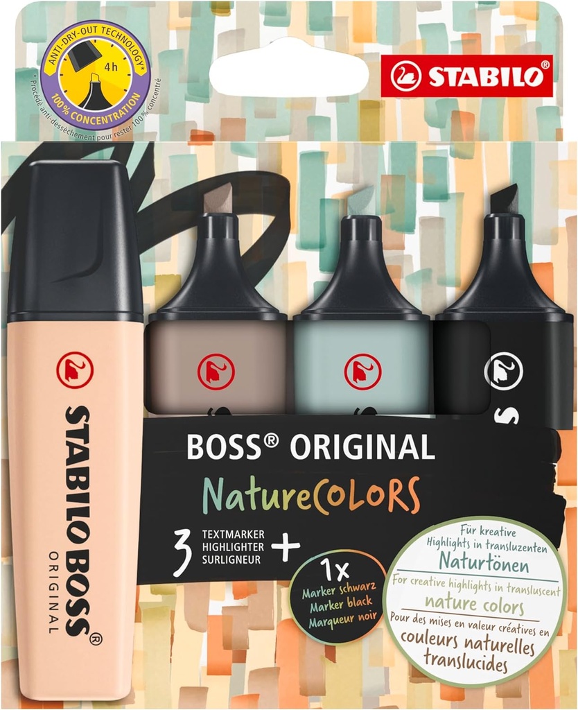 [70/4-2-5] Marcador fluorescente Boss Stabilo 4uds natureColors colores (beige, gris cálido, verde tierra, negro)