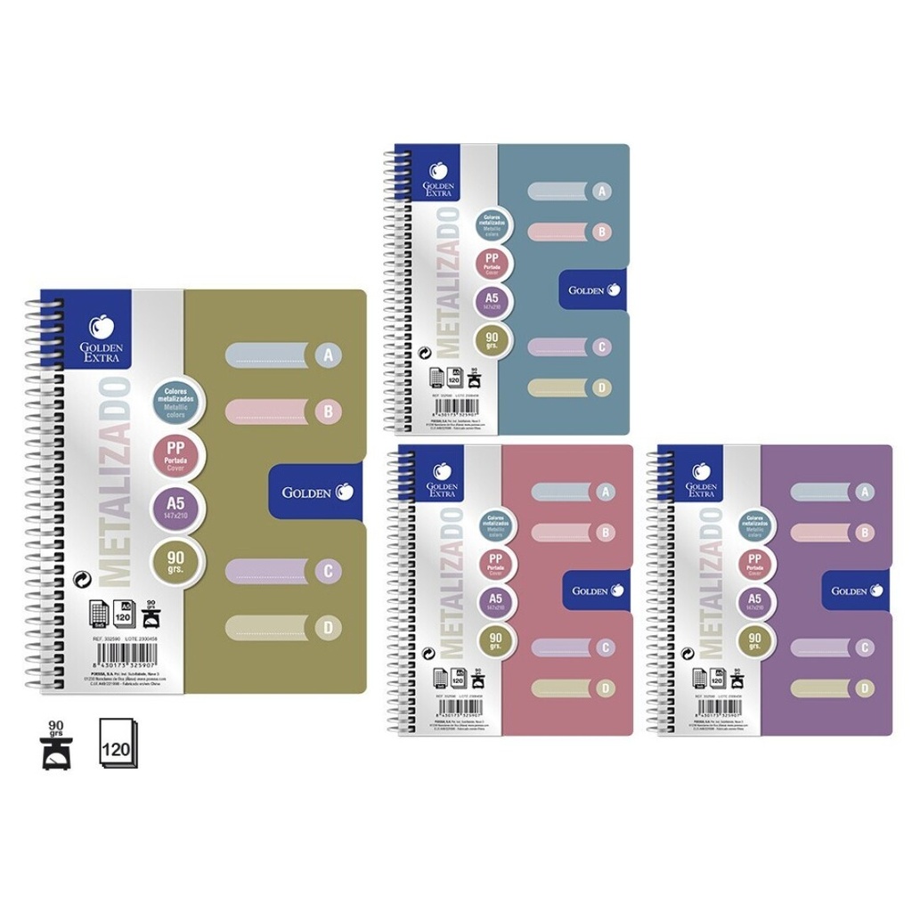 [332590] Cuaderno espiral 4x4 A5 90g 120h T/P metalizada 4 separadores colores surtidos Golden