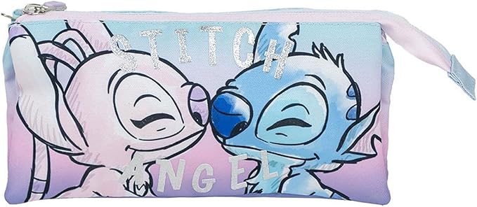 [2700001145] Portatodo Stitch Triple 11,5x2x22,5cm. Color Lila Estampado de Stitch y Ángel - Producto Original Diseñado en España