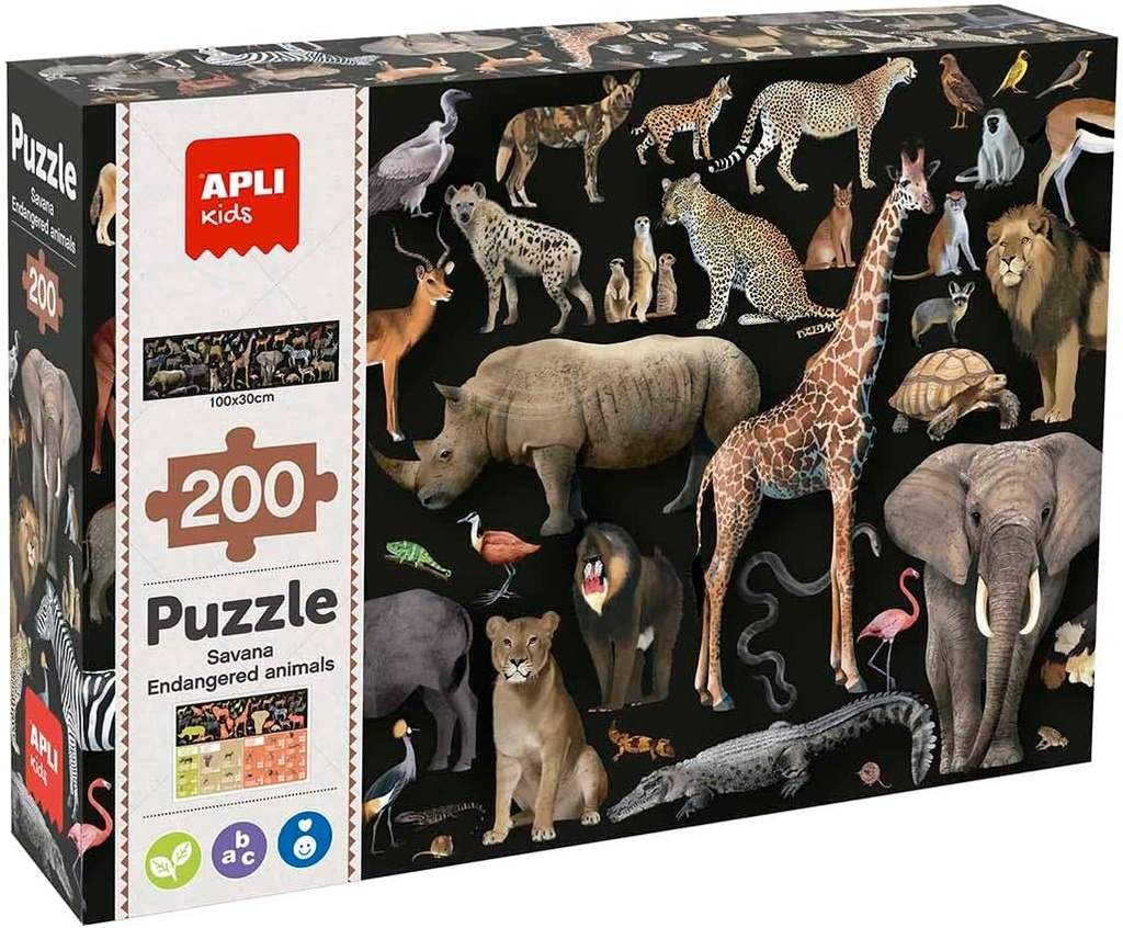 [19697] Puzzle 200 Piezas de los Animales de la Sabana en Riesgo de extincción, Multicolor +5a Apli