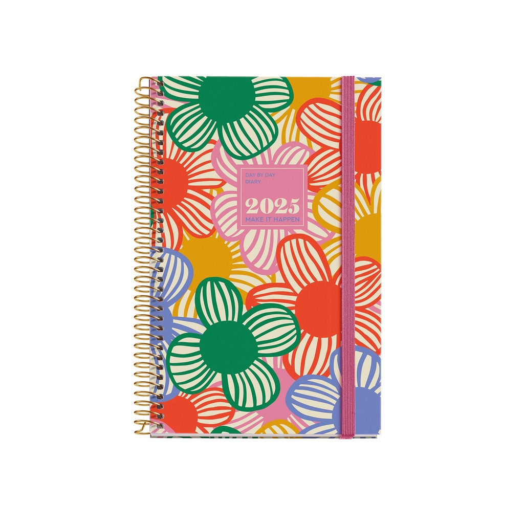 [MR38263] Agenda 2025, Agenda anual 117x182 mm, Agenda día página, Cubierta cartón forrado plastificado, Espiral, Cierre goma elástica, Papel 80 g/m², Español, Inglés y Portugués, Flowery