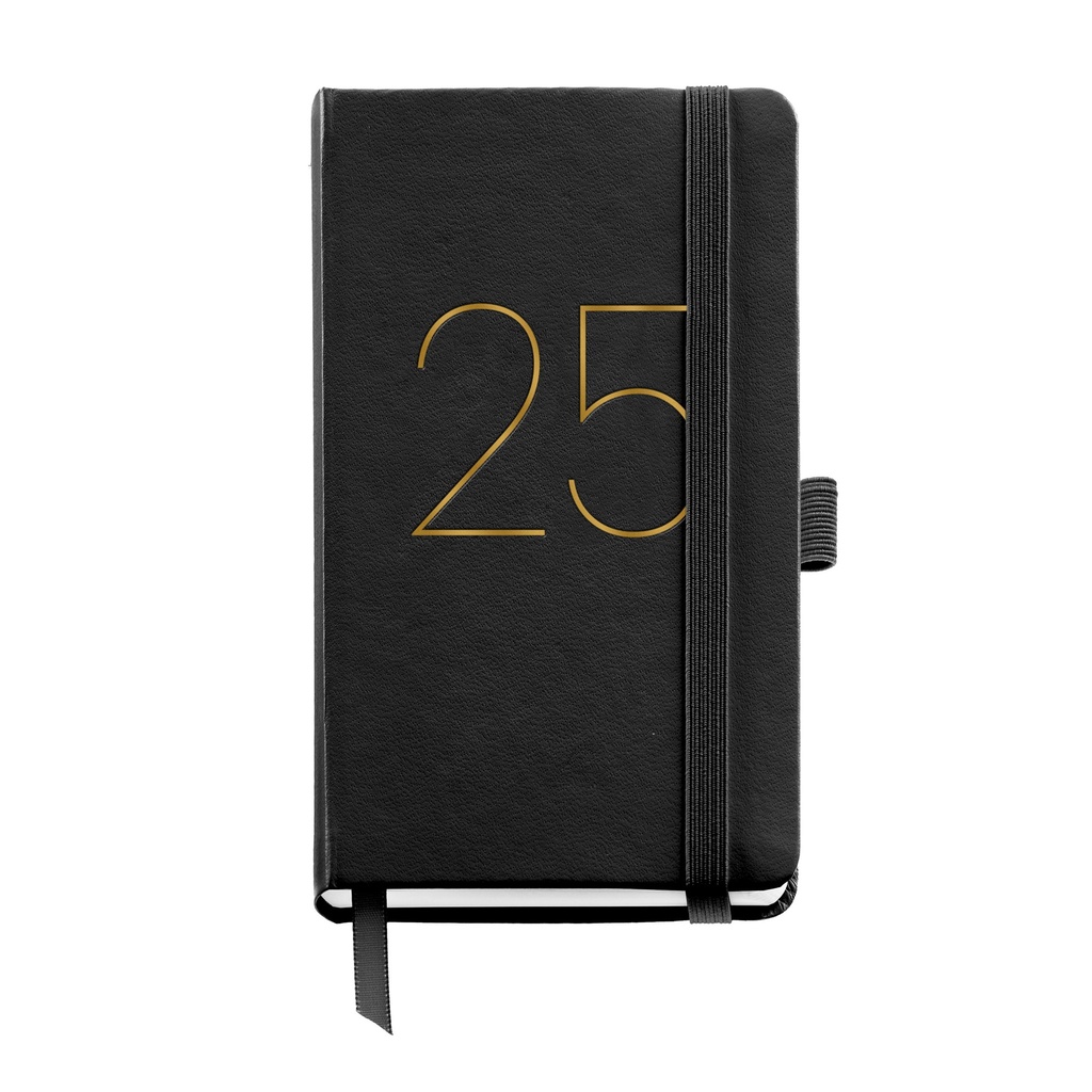 [MR31253] Agenda 2025, Tamaño 90 x 140 mm, Agenda día página, Cubierta flexible símil piel cosida, Cierre goma, Bolsillo interior, Papel 80 g/m², Español, Inglés y Portugués, Negro