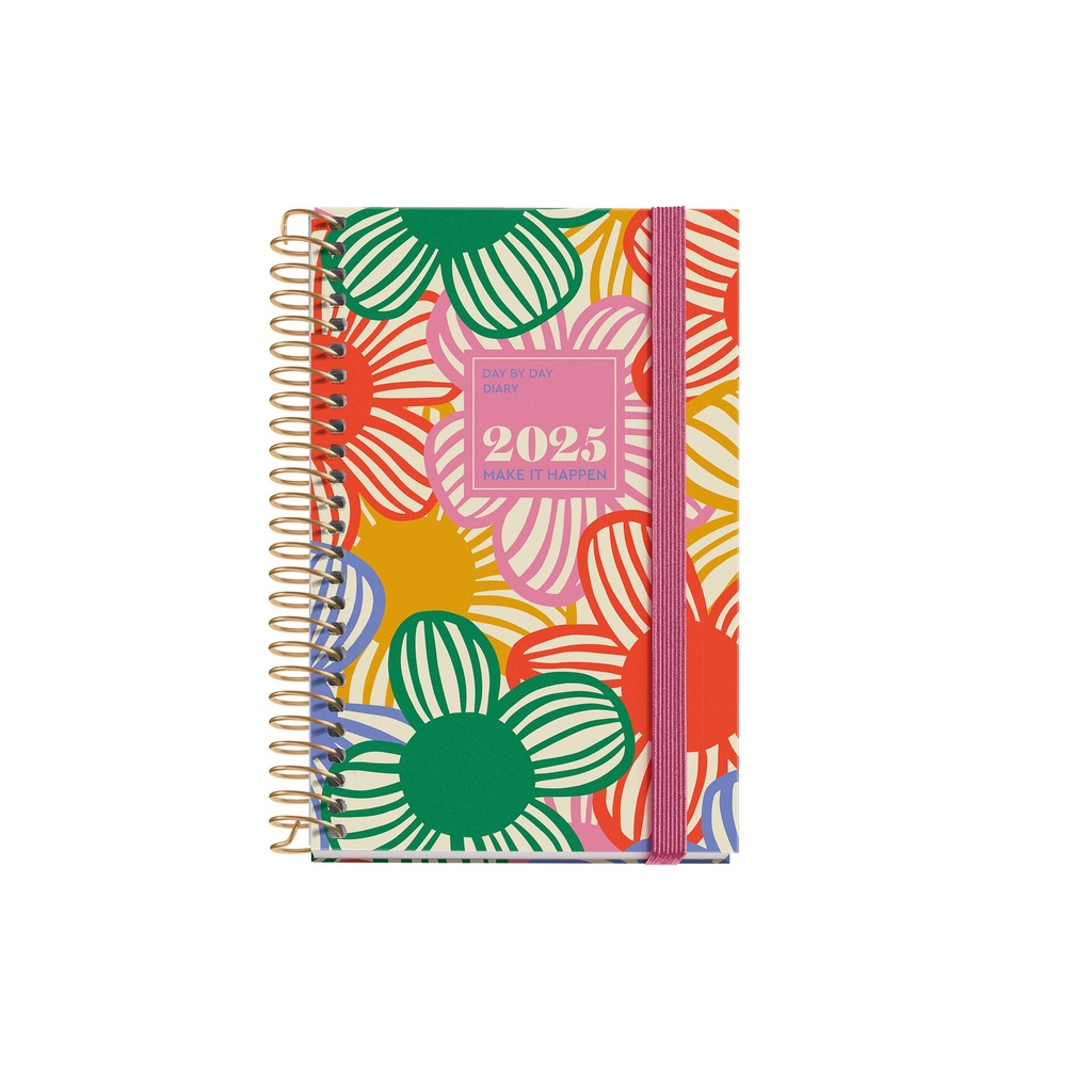 [MR39143] Agenda 2025, Agenda anual 80x120 mm, Agenda día página, Cubierta cartón forrado plastificado, Espiral, Cierre goma elástica, Papel 80 g/m², Español, Inglés y Portugués, Flowery