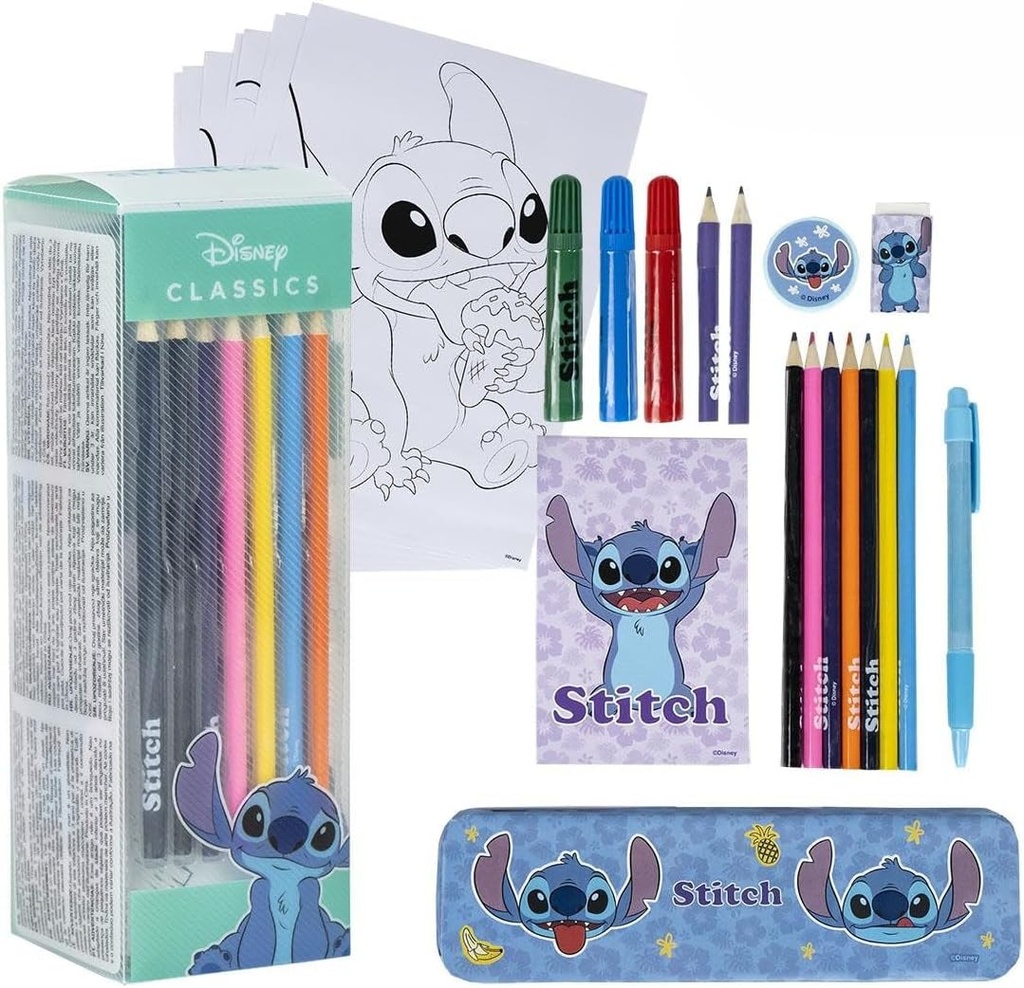[8445484396140] Set de Papeleria Inspirado en Stitch - Color Azul - 11 x 24 x 9.5 cm - Incluye Todo Lo Necesario para Colorear - Producto Original Diseñado en España