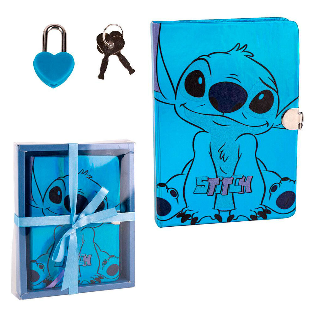 [8445484296921] Diario Secreto - Tapa Dura - Con Stitch en el Frontal - Color Azul - Incluye Candado para Cerrarlo con Mayor Seguridad - Viene en Caja de Regalo - Producto Original Diseñado en España Cerdá