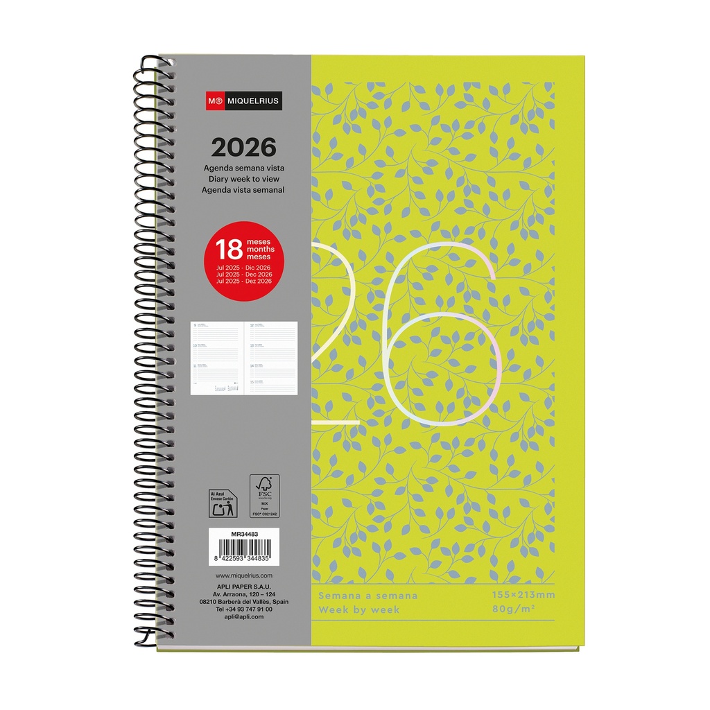 [MR34483] Agenda 18 Meses Plus Semana Vista Hojas 25_26