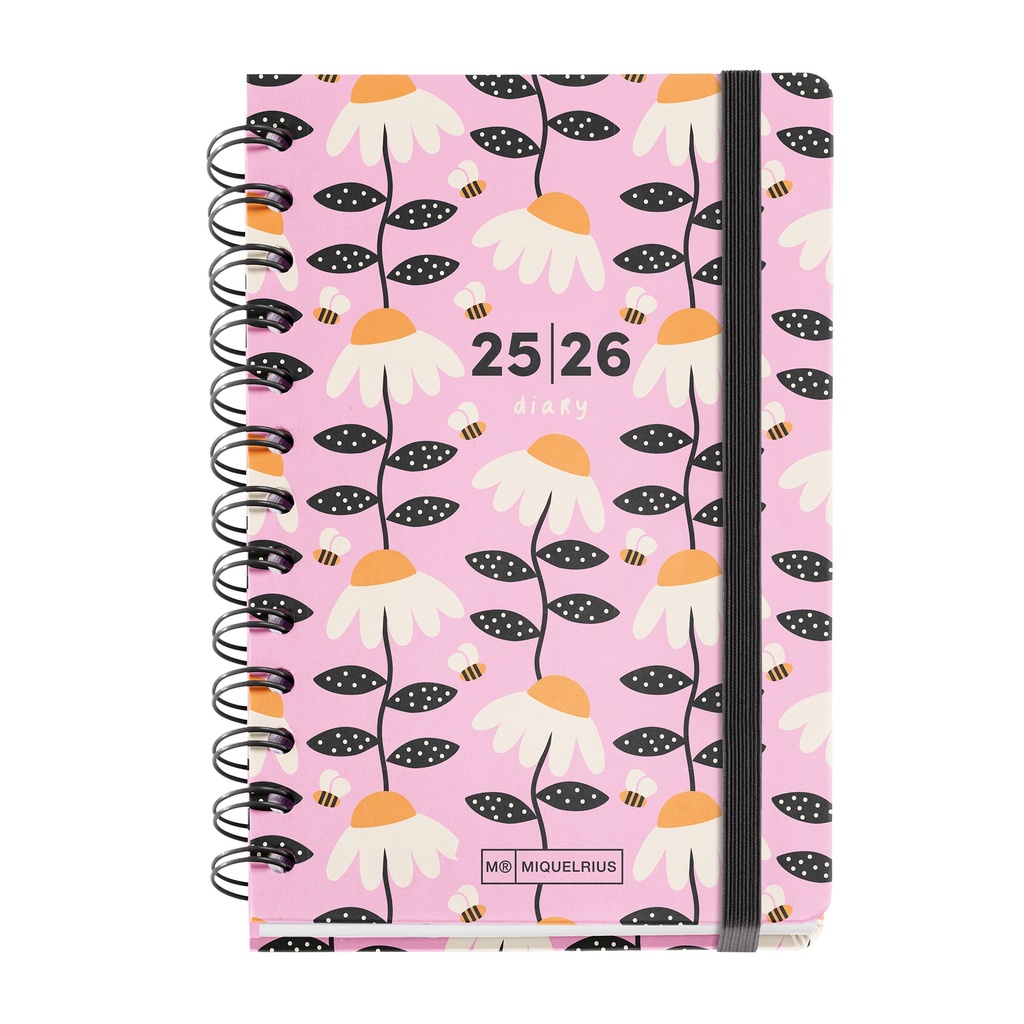 [MR26828] Agenda Escolar 2025 2026, Planificador de Septiembre a Agosto, Tamaño 125.5 x 178 mm, Día Página, Doble Espiral, Pegatinas, Tapa de Cartón Forrado, Cierre con Goma, Español-Inglés Miquelrius