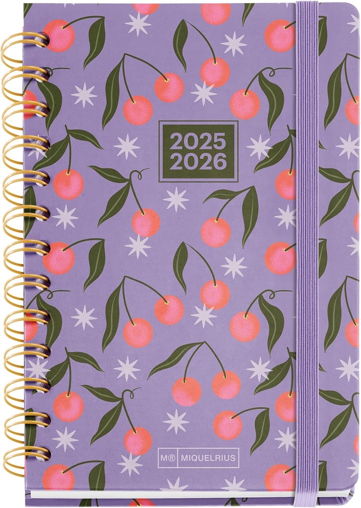 [MR26837] Agenda Escolar 25-26, Planificador de Septiembre 2025 a Agosto 2026, Tamaño 123 x 178 mm, Semana Vista, Doble Espiral, Pegatinas, Tapa de Cartón Forrado, Cierre con Goma, Español-Inglés Miquelrius