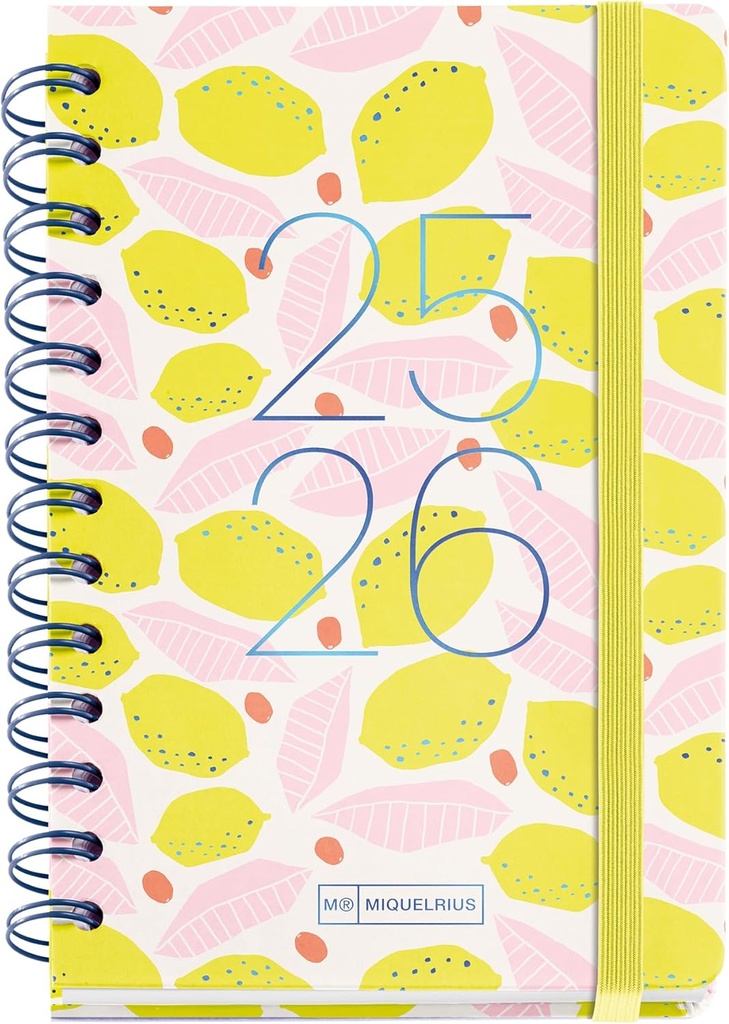 [MR26849] Agenda Escolar 25-26, Planificador de Septiembre 2025 a Agosto 2026, Tamaño 123 x 178 mm, Semana Vista, Doble Espiral, Pegatinas, Tapa de Cartón Forrado, Cierre con Goma, Español-Inglés Miquelrius