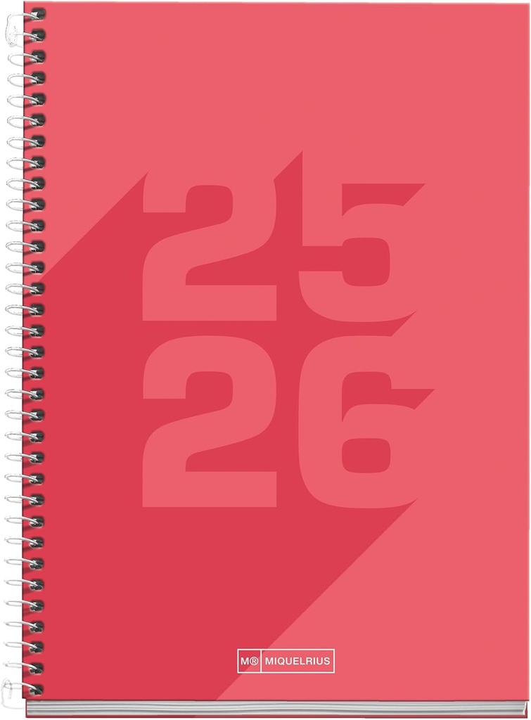 [MR26977] Agenda Escolar 25-26, Planificador 10 Meses: Septiembre 2025 a Junio 2026, Tamaño 150 x 213 mm, Día Página, Cubierta de Cartón Forrado, Espiral metálico, Español-Inglés  Coral Miquelrius