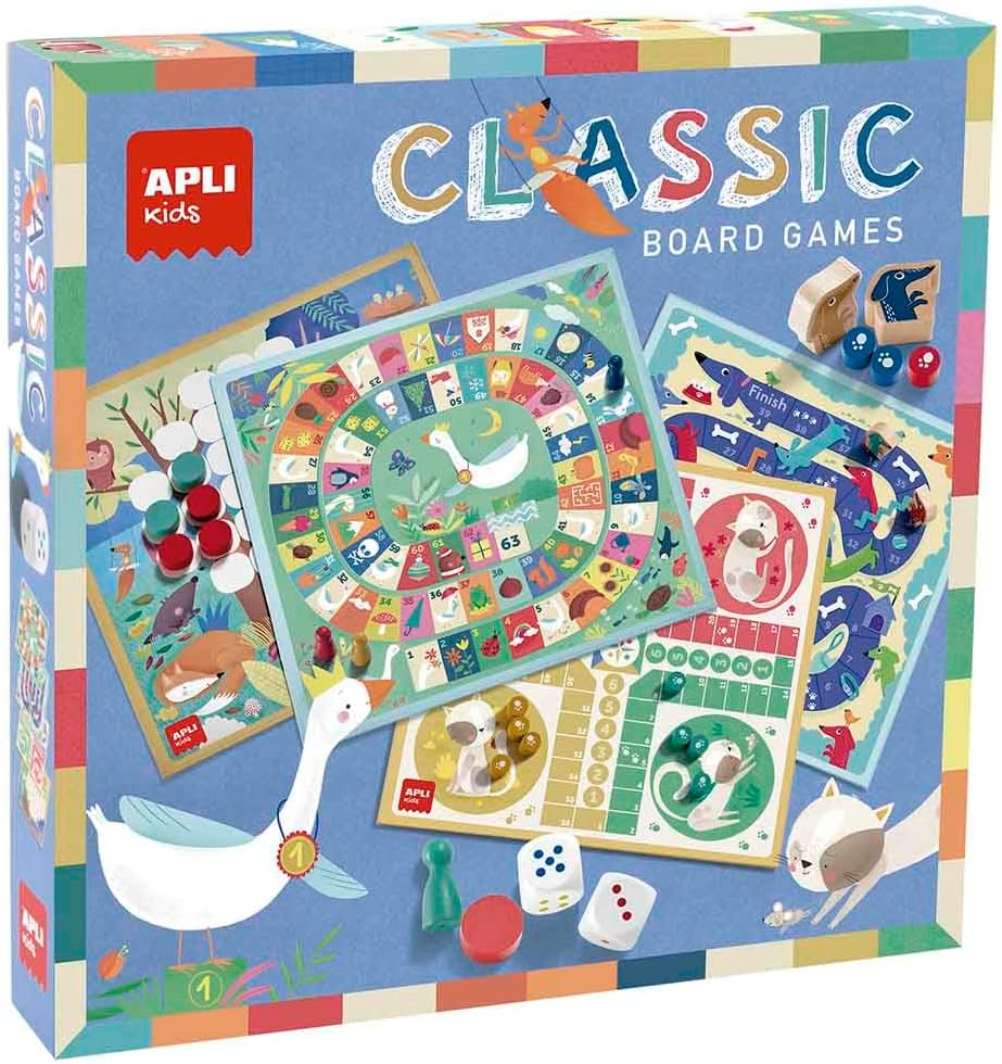 [19147] Juegos reunidos 4 en 1, set de 4 juegos clásicos de mesa ilustrados: oca, parchís,escaleras y 4 en raya. Apli