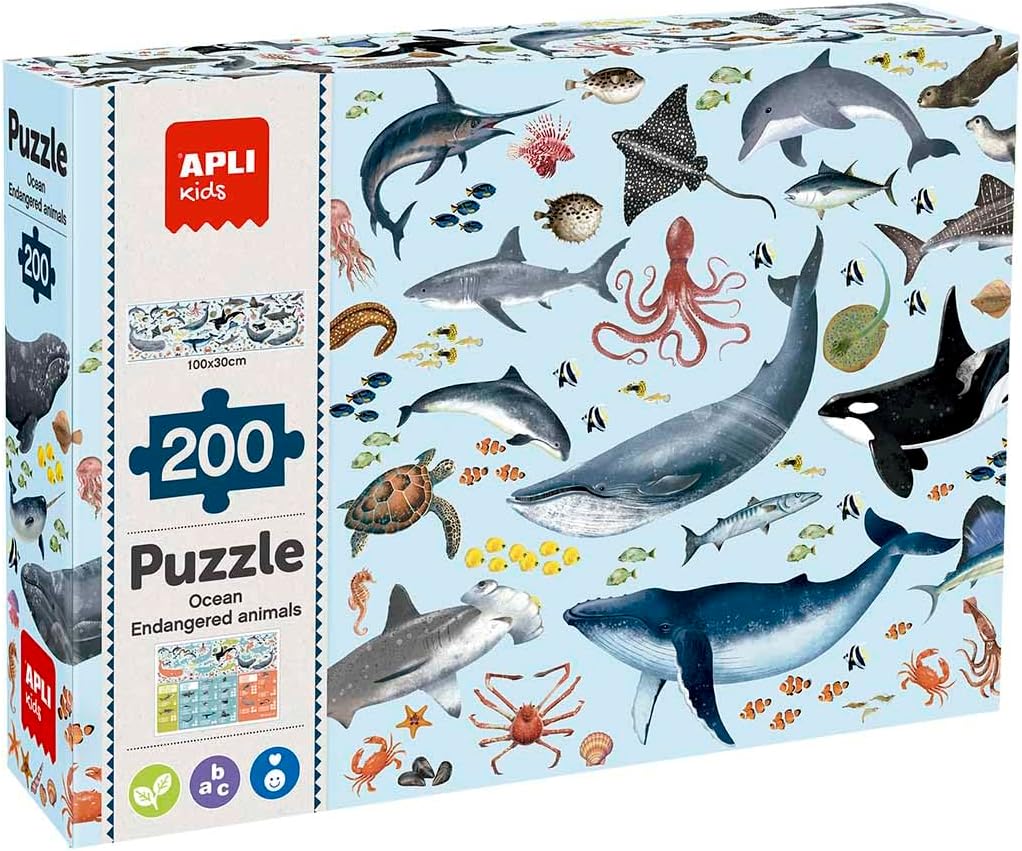 [19696] Puzzle educativo de Animales amenazados, modelo Océano, 200 piezas tamaño 6x3 cm +6A Apli