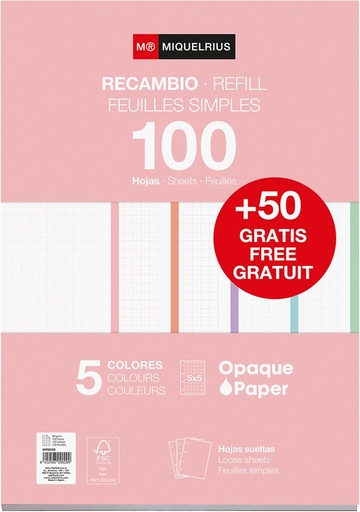 [MR9029] Recambio A4 5x5 100+50H 90g 5B Color Pastel Miquelrius