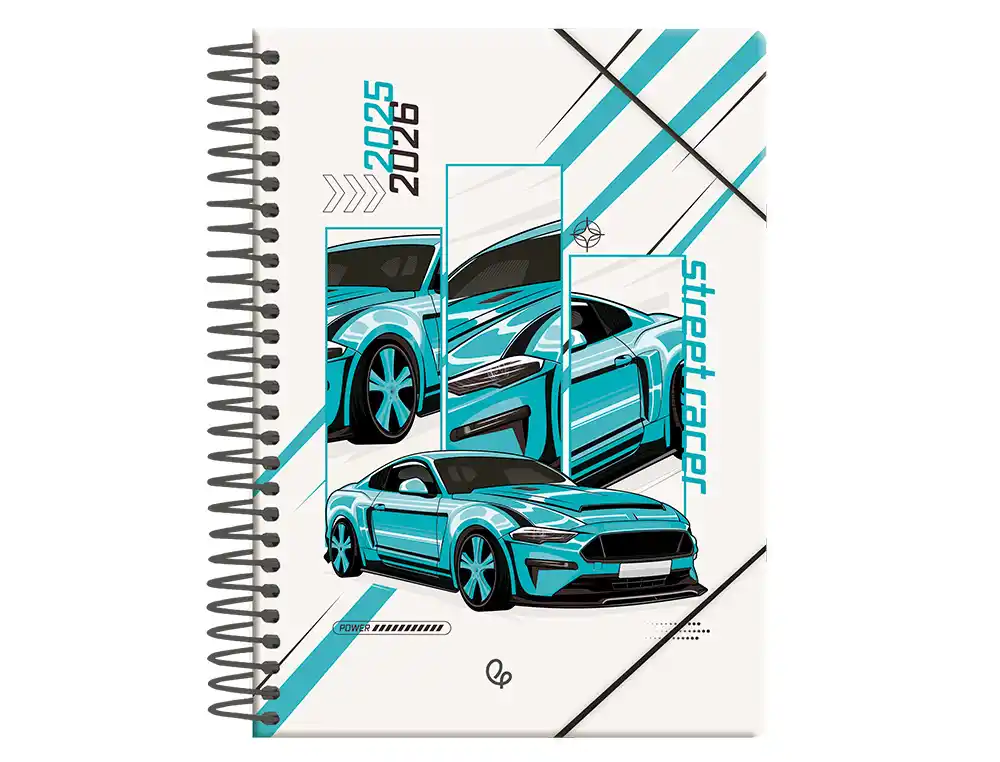  Agenda escolar 25-26 espiral cars  dia pagina A5 bilingüe papel FSC 80gr Liderpapel