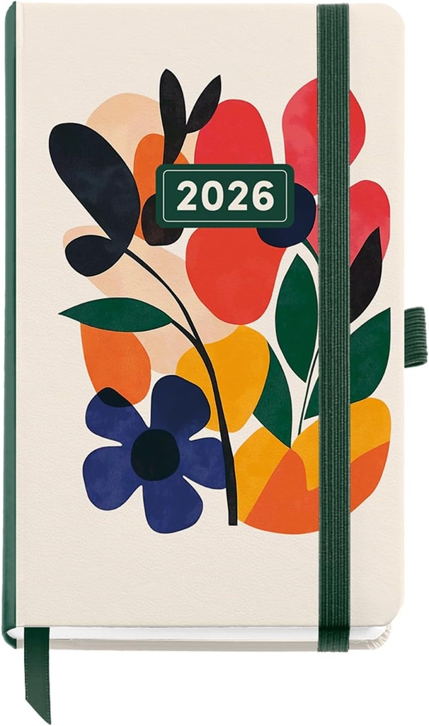 [MR31633] Agenda 2026 día por página, Formato pequeño (90 x 140 mm), Planificación diaria, Cubierta rígida cartón, Espiral, Cierre goma elástica, Papel 80 g/m², Español-EN-PT, Mini garden Miquelrius