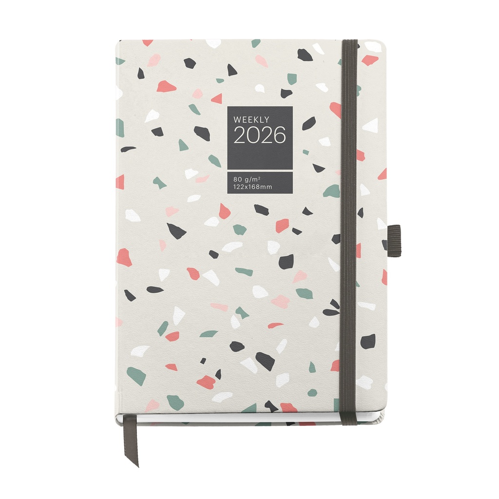 [MR33068] Agenda 2026 semana vista, Fácil de llevar (122 x 168 mm), Planificación semanal, Cubierta rígida cartón, Encuadernada, Cierre goma elástica, Papel 80 g/m², Español-EN-PT, Terrazo Miquelrius